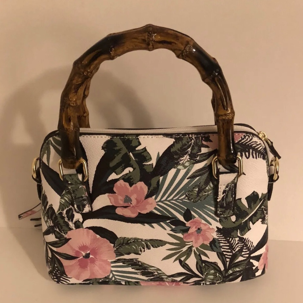 Liz Claiborne Tropical Floral Print Purse Faux Bamboo Handles Detachable Strap - Picture 2 of 8